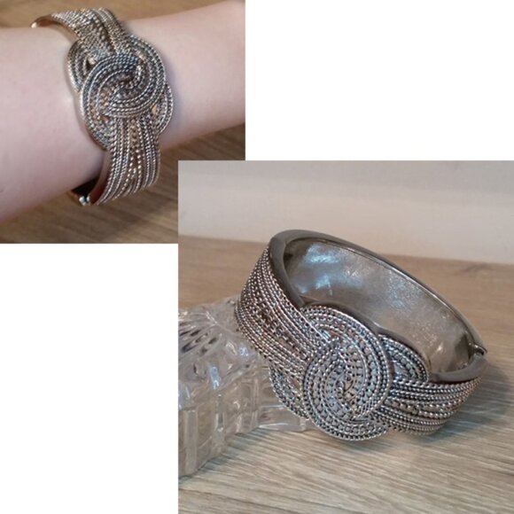 Silver tone knot textured metal clamp bracelet boho costume statement dressy. - Picture 2 of 3